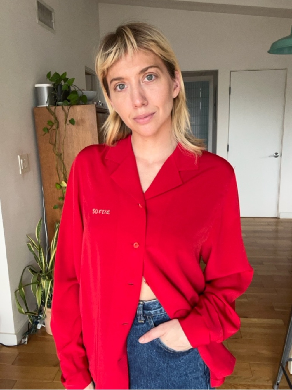 Vintage, “Softie” Custom Embroidered Red Button-Up Silk Blouse